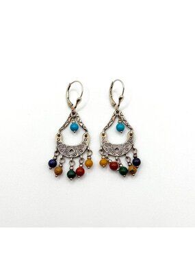 Vintage 925 Silver Dangle Earrings With Multicolor Gemstone Beads